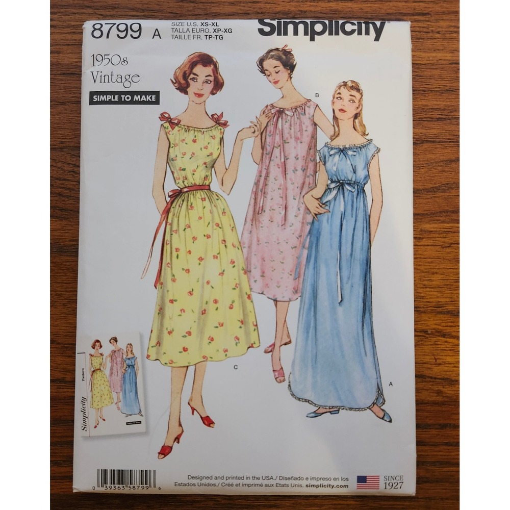 Simplicity 8799 1950s Vintage Style Misses Nightgowns Sewing Pattern XS-XL